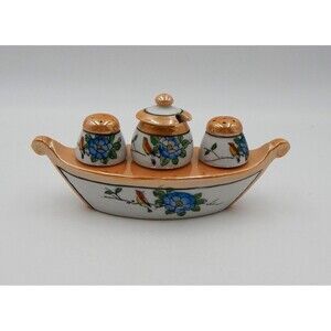 Lustreware Condiment Set Salt Pepper Mustard Jar Boat Peach White Floral Canoe